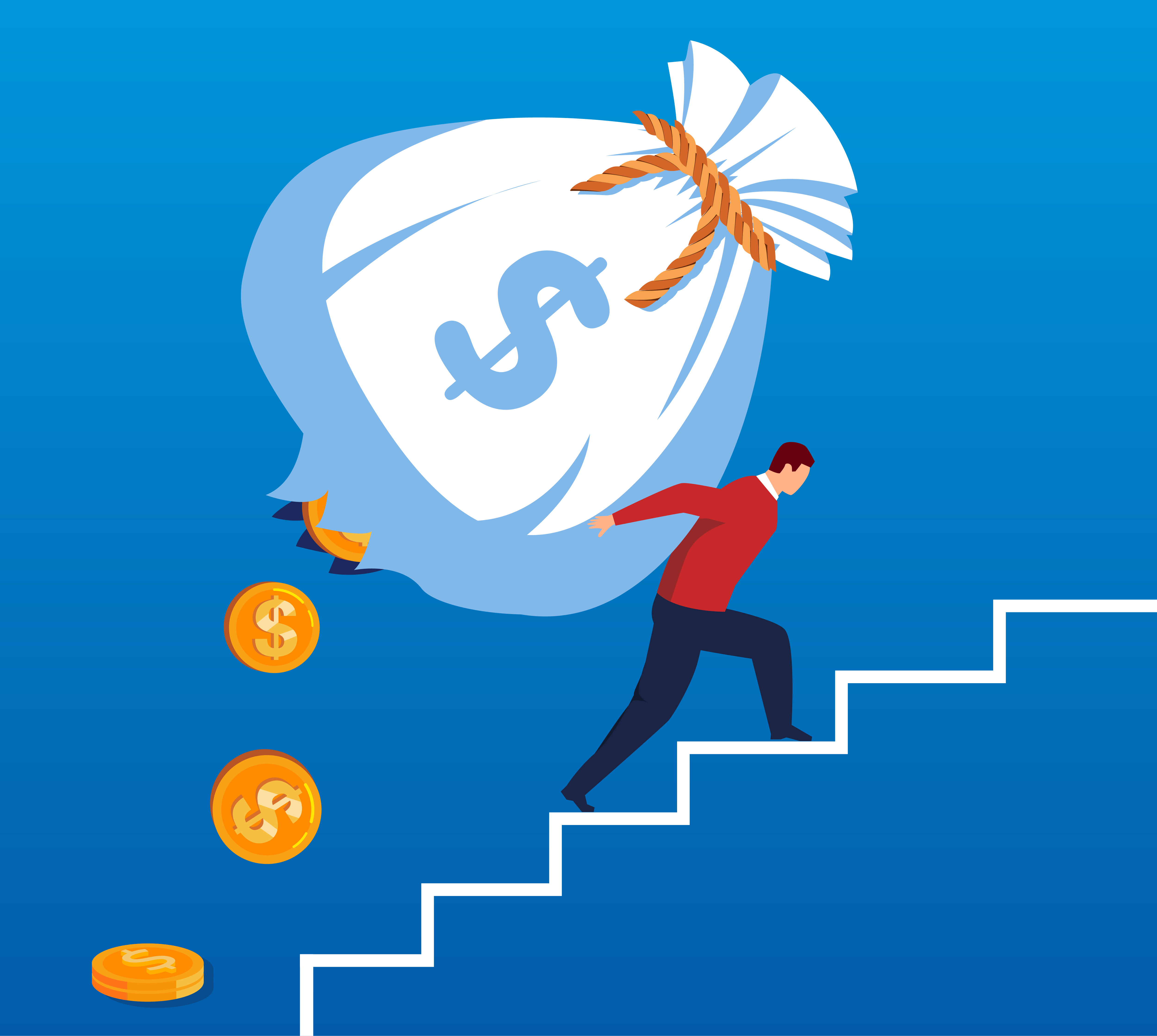 Businessman climbing a staircase with a broken wallet